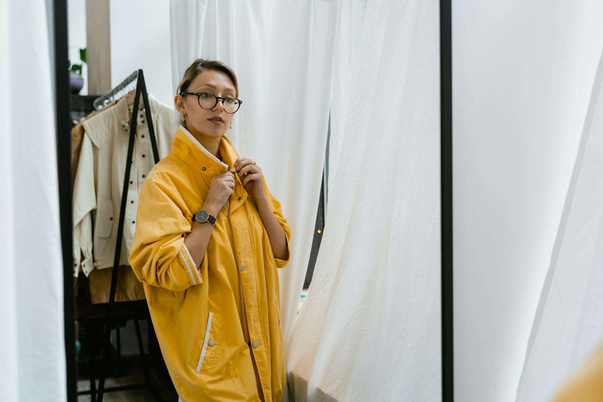 Sárga kabátot próbáló nő a tükör előtt – illusztráció
