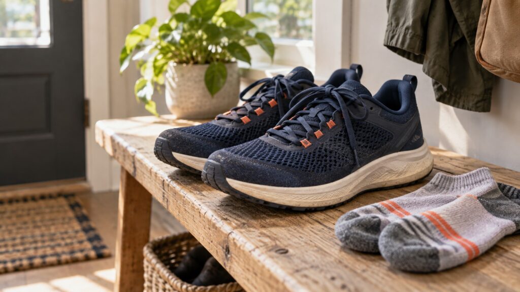 AI-generated illustration of generic navy running shoes and socks on a wooden bench.