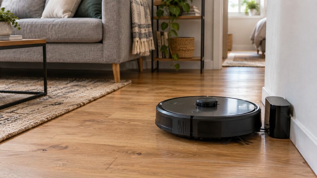 Generic robot vacuum and compact charging dock in a sunlit small apartment