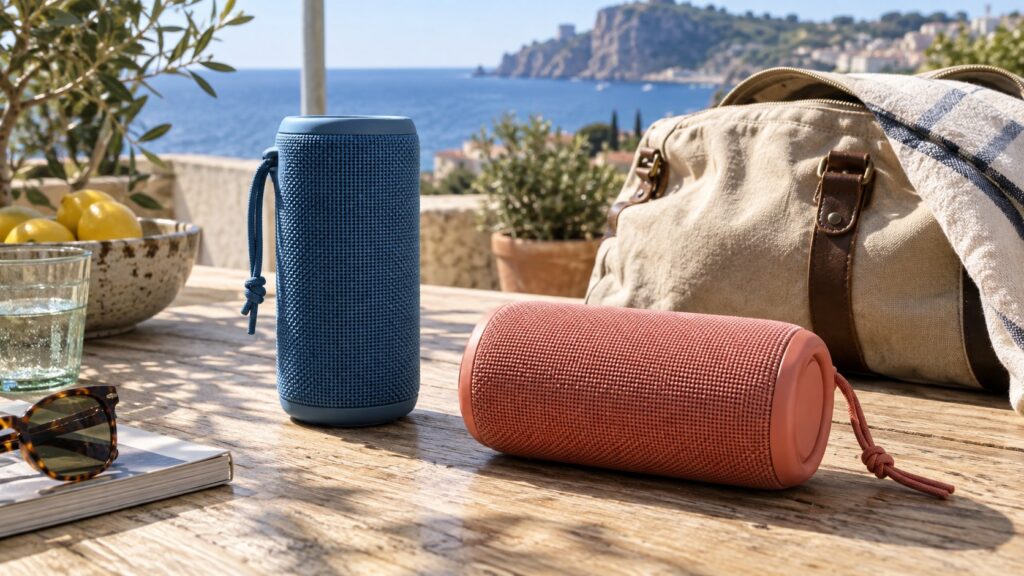 Blue and coral portable speakers on a sunny terrace beside a travel bag