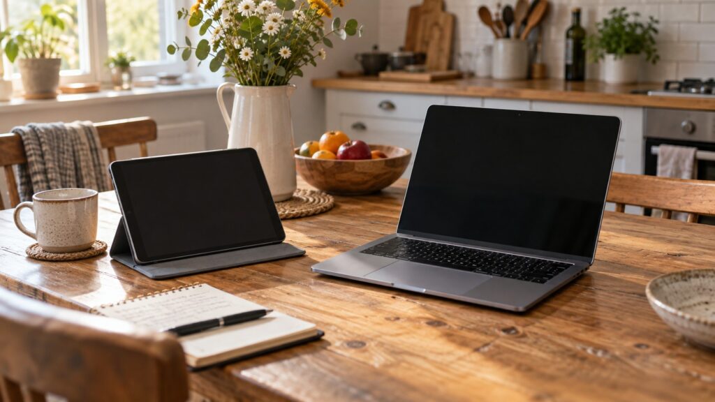 A tablet and compact laptop on a wooden kitchen table