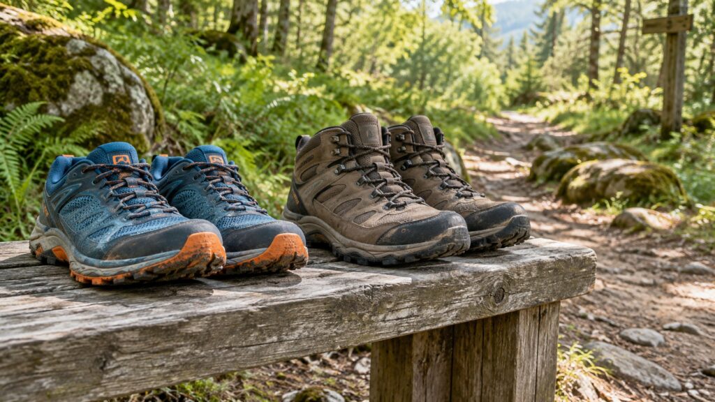 Trail shoes and hiking boots on a wooden bench beside a woodland path