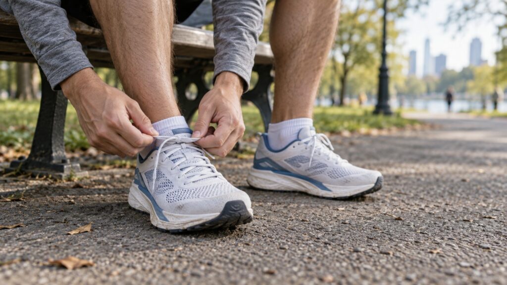 AI-generated editorial illustration of a runner tying white and blue running shoes before a run in a park.