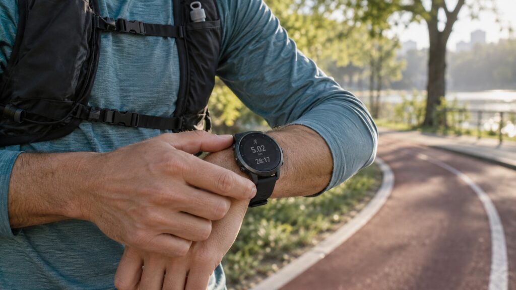 AI-generated editorial illustration of a runner checking a generic GPS running watch beside a park track.
